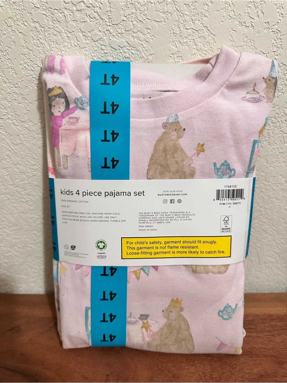 Burt's Bees Pink Kids Tea Party Pajama 4-Piece Set NWT